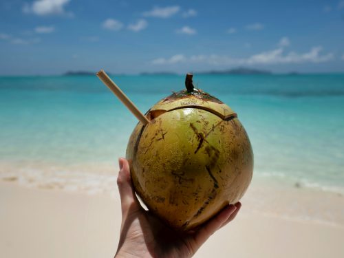 Someone holding a coconut at the beach